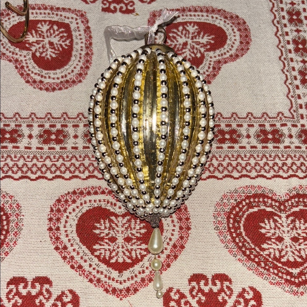 Large K & K Interiors Gold Mercury Glass Wired Pearl Ornament!